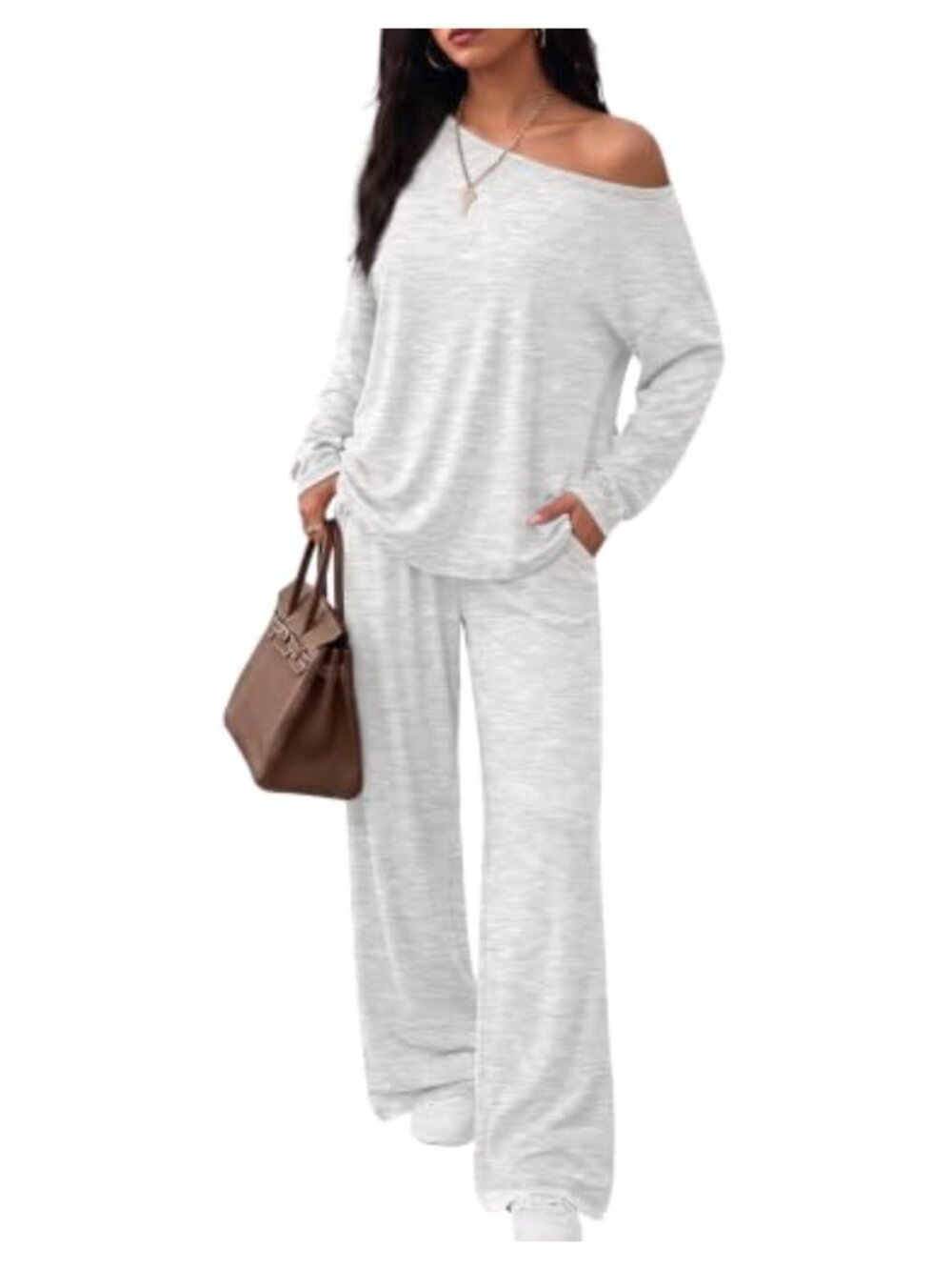 2 Piece Lounge Set Off Shoulder Oversized Top Wide Leg Pants Pockets